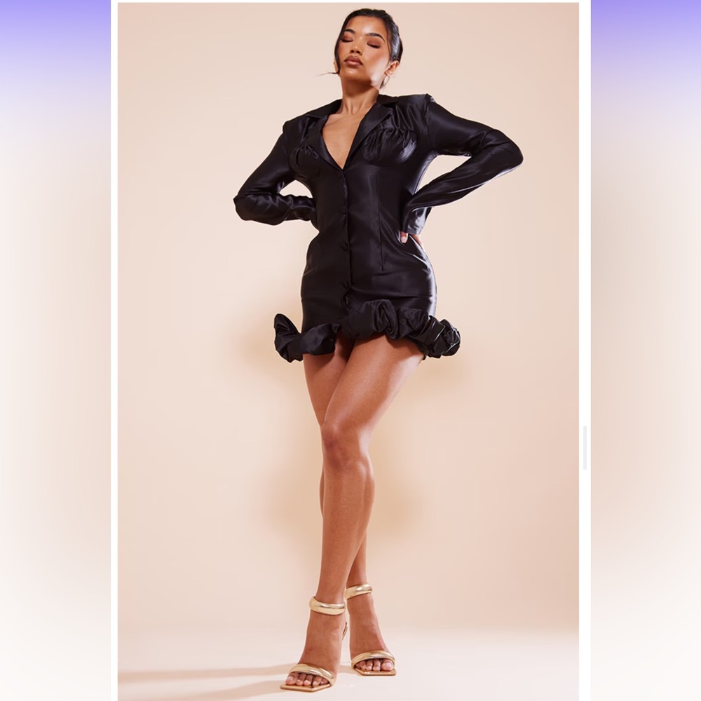 Black Satin Ruched Bust Frill Hem Blazer Dress
